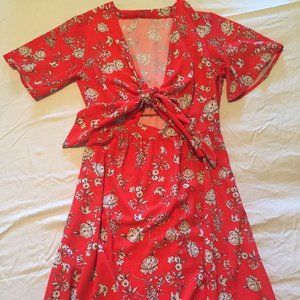 Red Floral Midi Dress Tie Front
